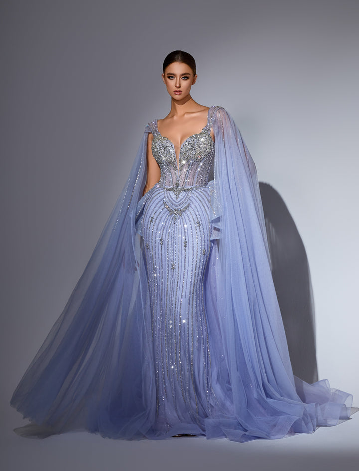 Delilah LD11214 Plunging Sweetheart Beaded Corset Mermaid Gown with Cape Sleeves and Overskirt - Blue front view