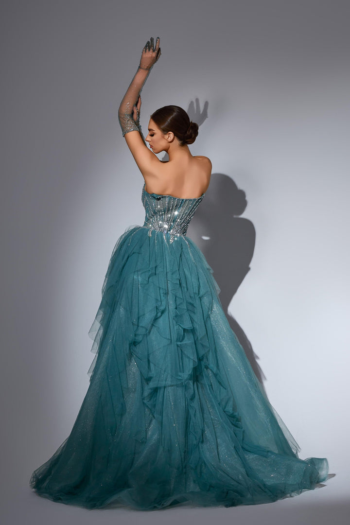 Delilah LD11481 Strapless Sweetheart Beaded Corset Sheath Gown with Ruffled Sparkle Overskirt - Sage back view