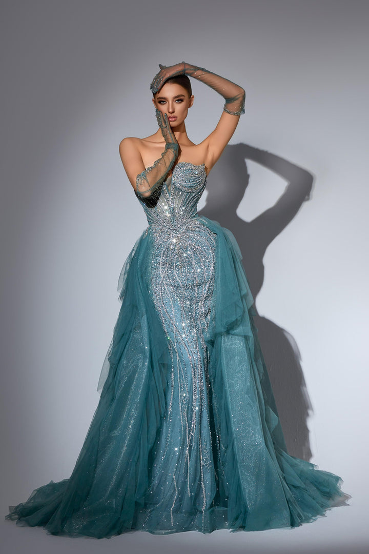 Delilah LD11481 Strapless Sweetheart Beaded Corset Sheath Gown with Ruffled Sparkle Overskirt - Sage front view