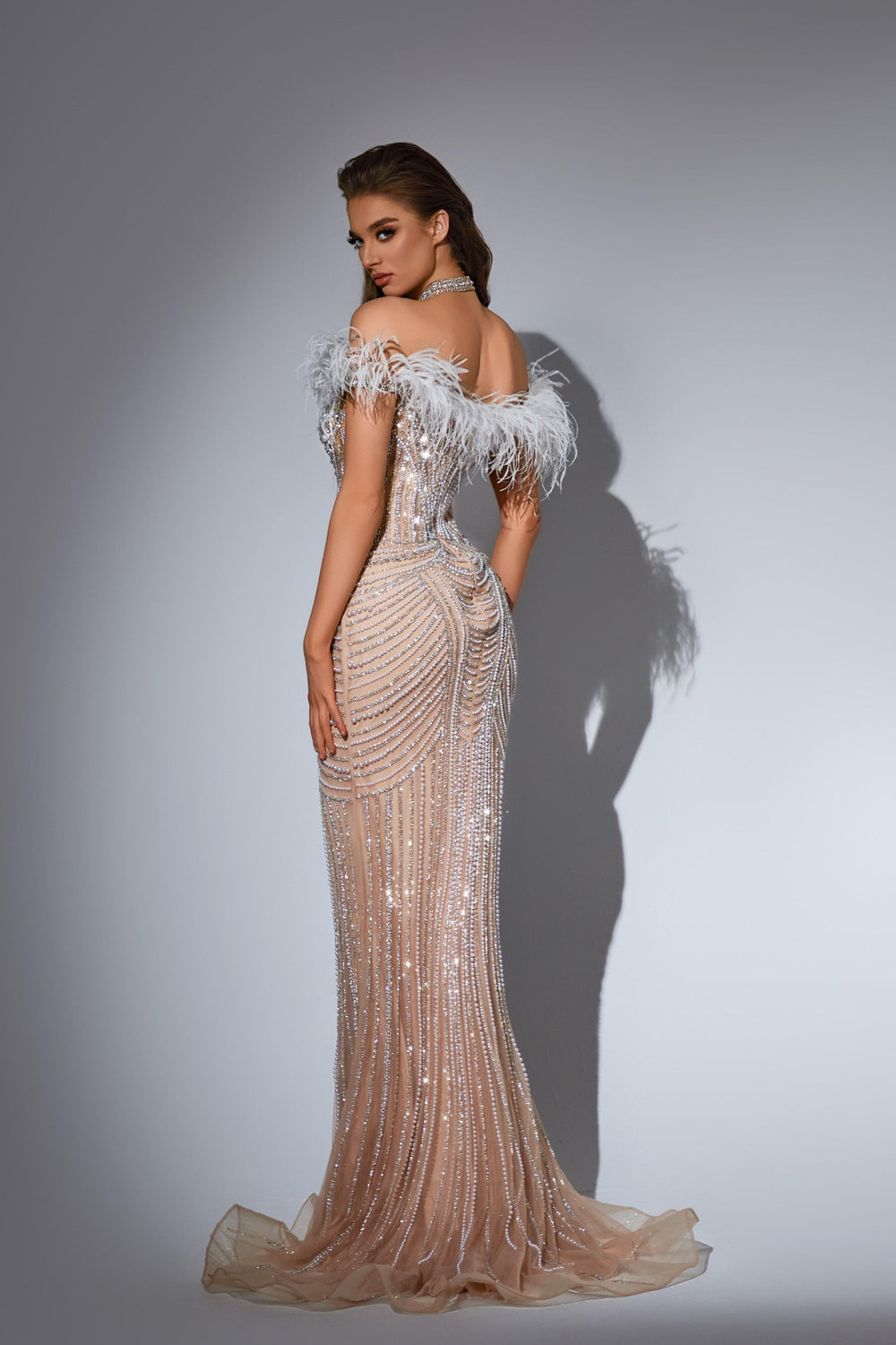 Delilah LD11439 Off-the-Shoulder Feather Trim Beaded Corset Mermaid Gown with Choker Strap - Champagne back view