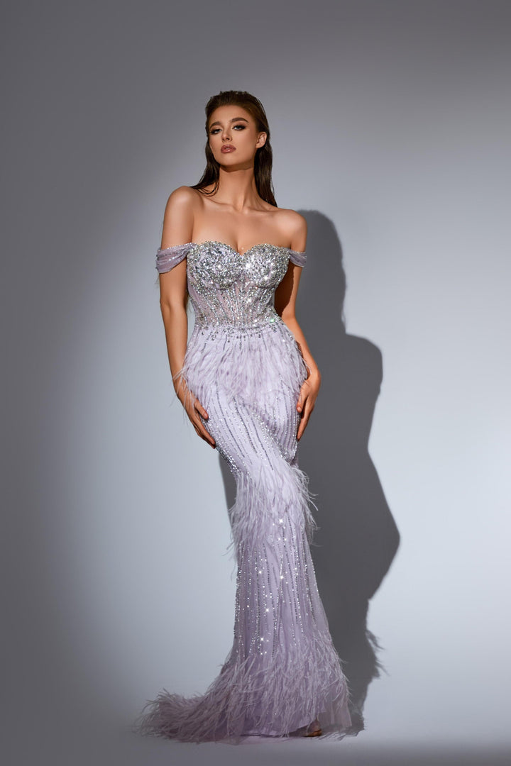 Delilah LD11442 Sweetheart Beaded Corset Mermaid Gown with Feather Skirt - Purple front view