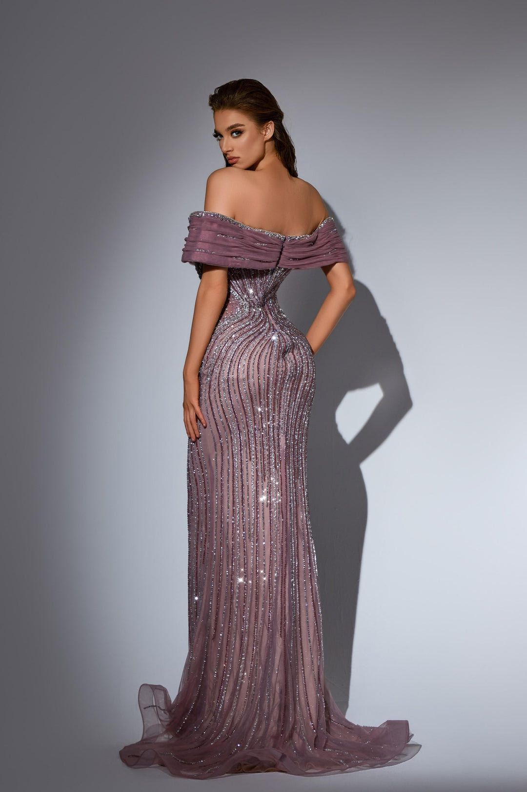 Delilah LD11477 Off-the-Shoulder Plunging Pleated Band Beaded Corset Mermaid Gown - Purple back view