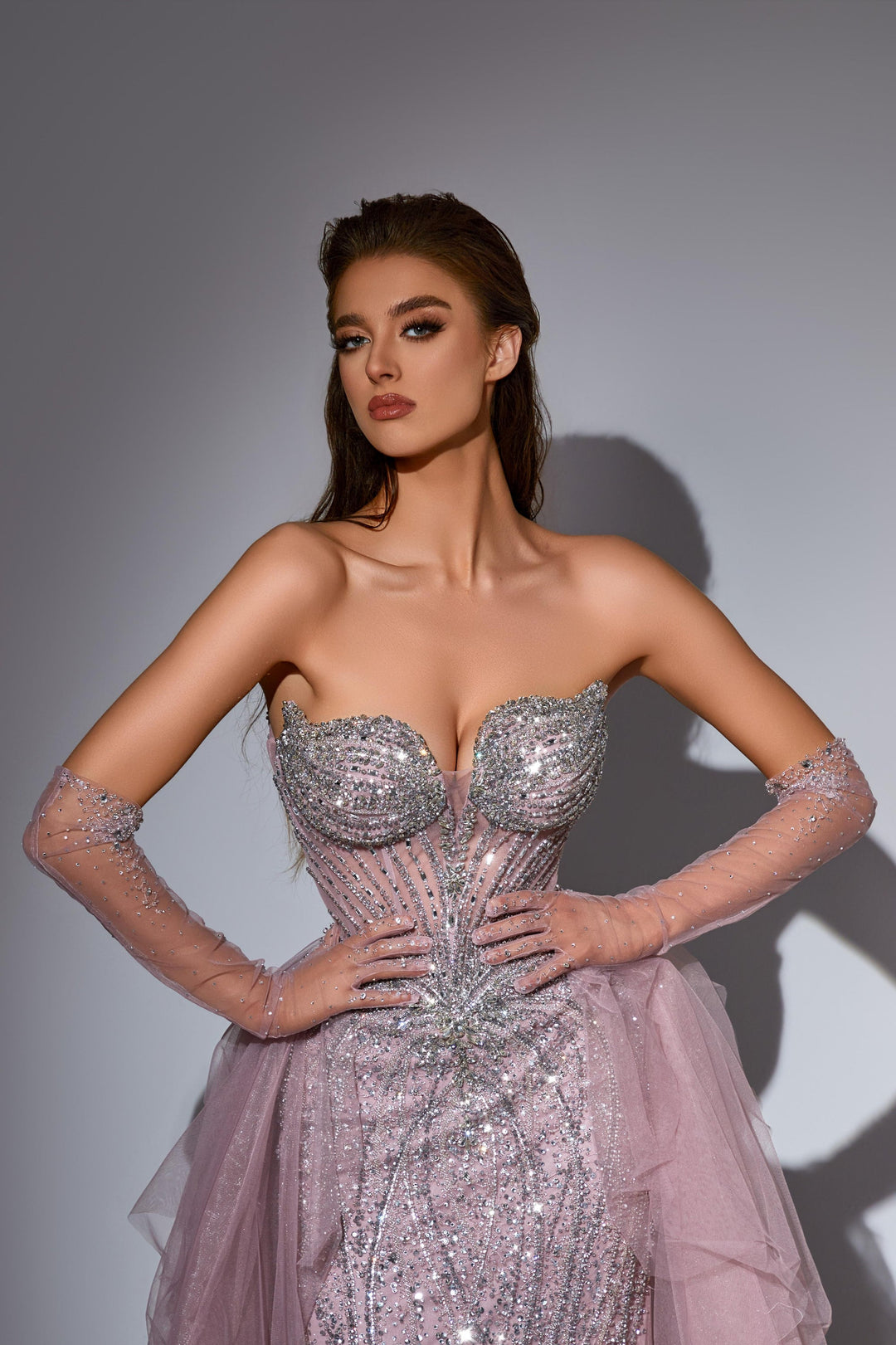 Delilah LD11481 Strapless Sweetheart Beaded Corset Sheath Gown with Ruffled Sparkle Overskirt - Pink close-up view