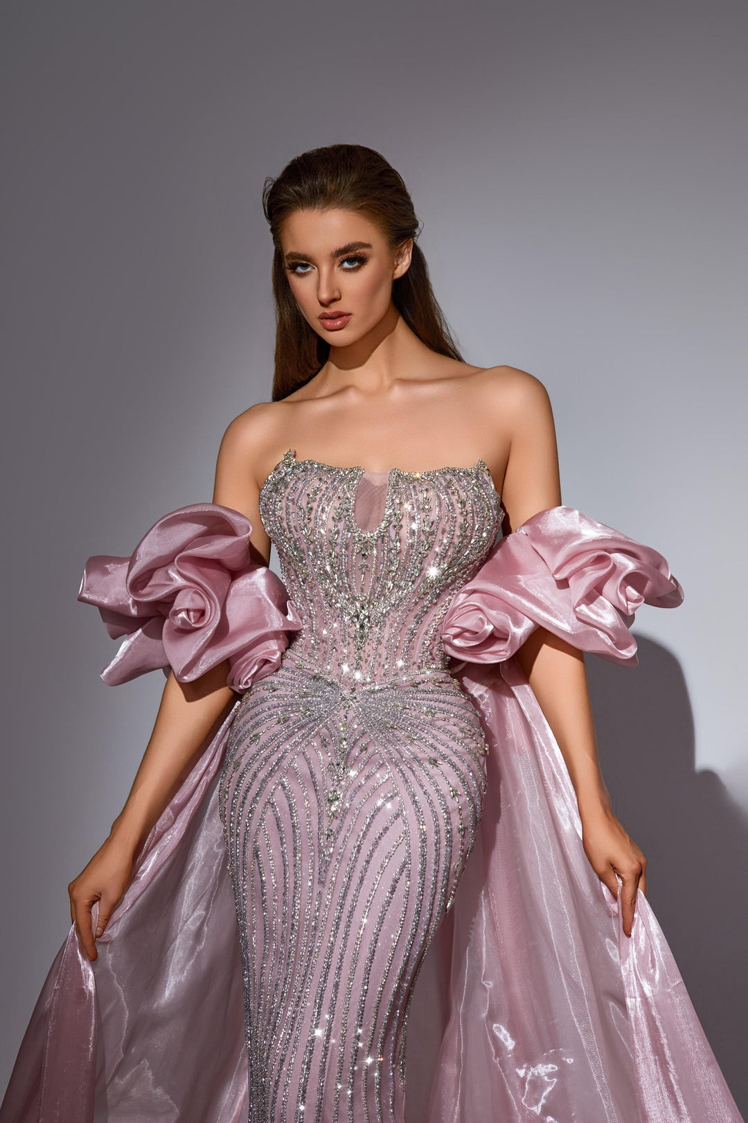 Delilah LD11441 Strapless Beaded Corset Mermaid Gown with Rosette Overskirt Train - Pink close-up view