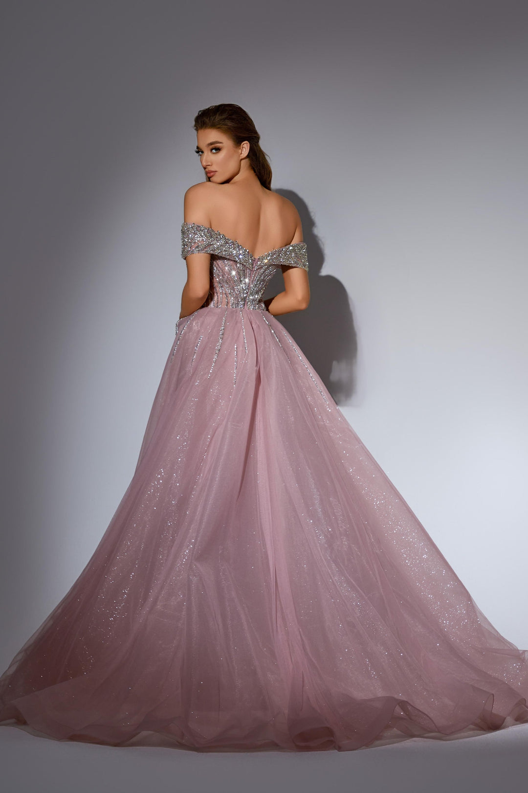 Delilah LD11416 Off-the-Shoulder Beaded Corset Mermaid Gown with Sparkle Overskirt - Pink back view