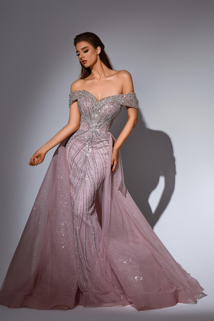 Delilah LD11416 Off-the-Shoulder Beaded Corset Mermaid Gown with Sparkle Overskirt - Pink front view
