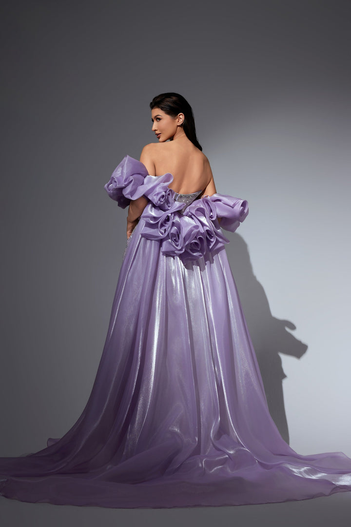 Delilah HM402 Strapless Plunging Sweetheart Beaded Mermaid Gown with Ruffled Overskirt - Lavender back view