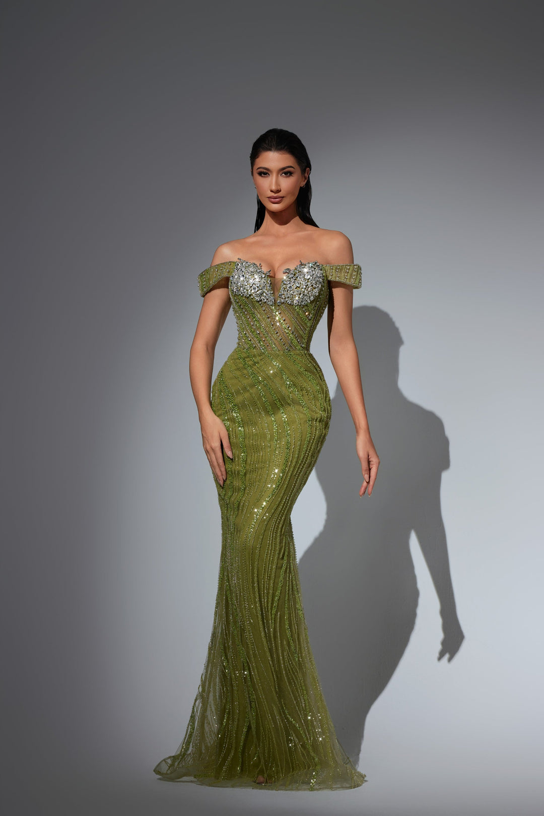 Delilah LD21124 Off-the-Shoulder Scalloped Crystal Cup Corset Sheath Gown - Green front view