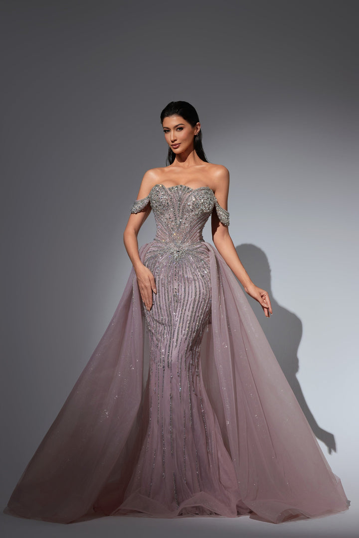 Delilah LD11490 Off-the-Shoulder Scalloped Sweetheart Beaded Corset Gown with Sparkle Overskirt - Pink front view