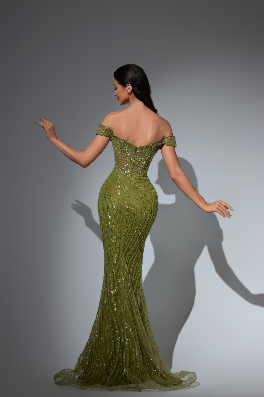 Delilah LD21124 Off-the-Shoulder Scalloped Crystal Cup Corset Sheath Gown - Green back view