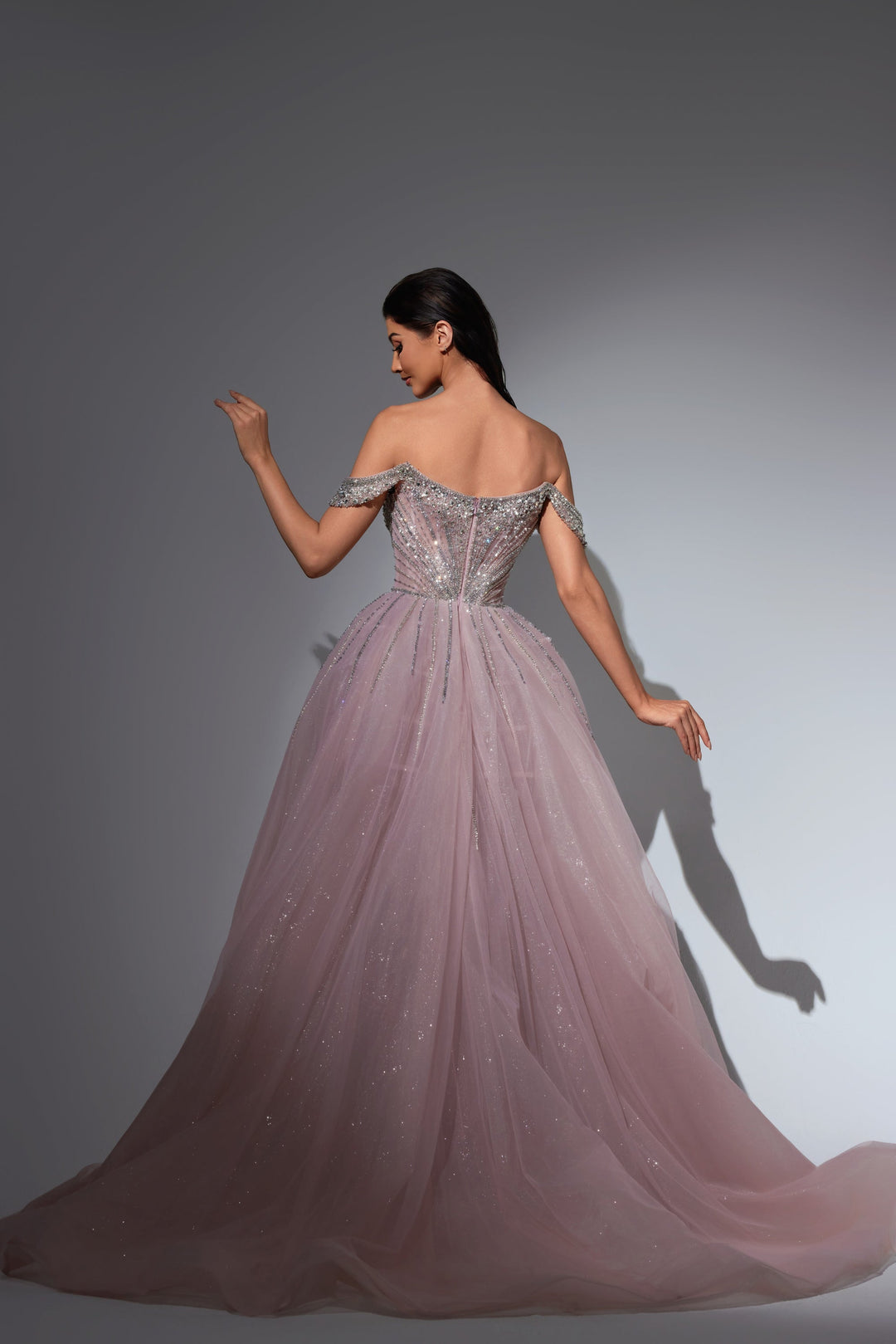 Delilah LD11490 Off-the-Shoulder Scalloped Sweetheart Beaded Corset Gown with Sparkle Overskirt - Pink back view