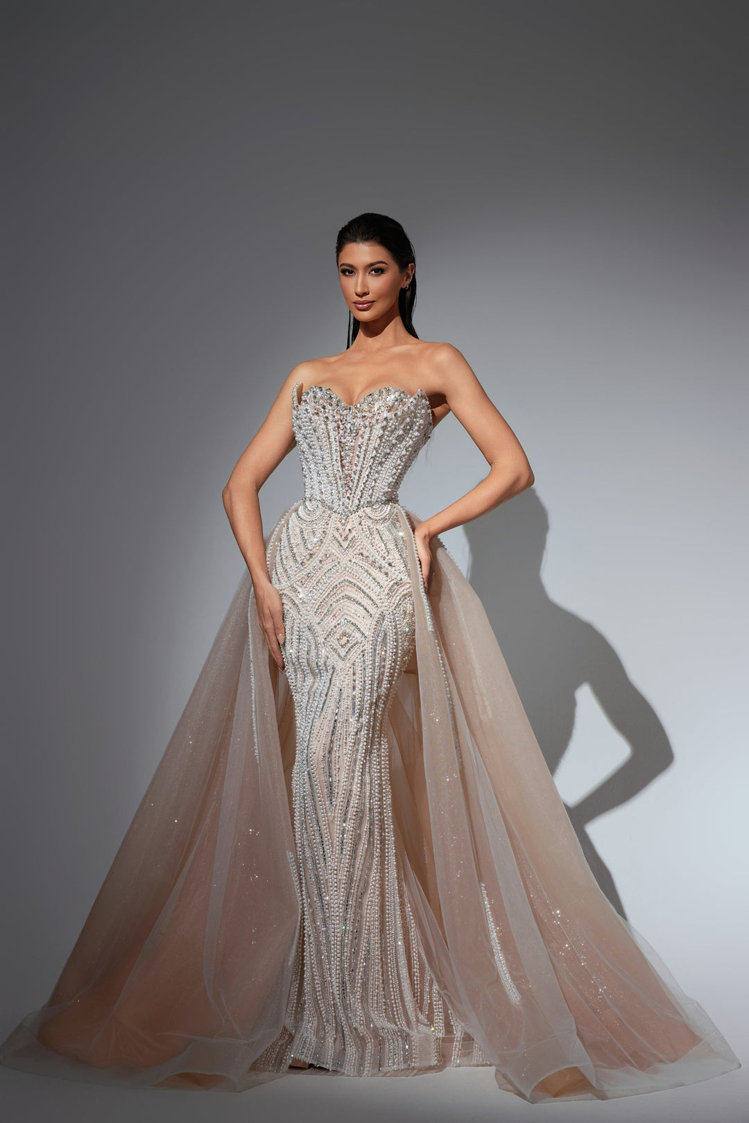 Delilah LD21131 Strapless Pearl and Crystal Corset Sheath Gown with Full Overskirt - White front view