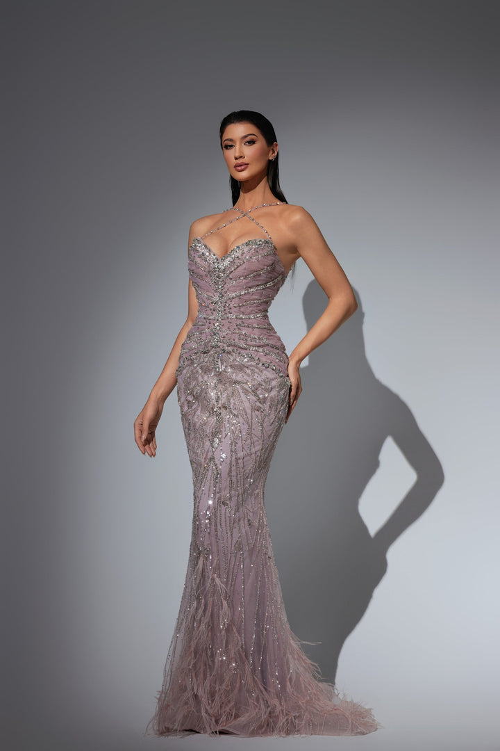 Delilah LD21122 Sweetheart Beaded Sheath Gown with Crisscross Straps and Feather Hem - Pink front view