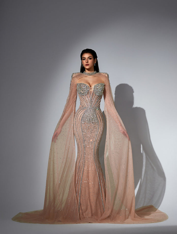 Delilah LD11478 Strapless Beaded Corset Mermaid Gown with Choker Capelet and Floor-Length Cape Sleeves - Champagne front view