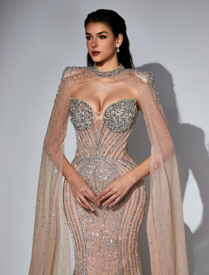 Delilah LD11478 Strapless Beaded Corset Mermaid Gown with Choker Capelet and Floor-Length Cape Sleeves - Champagne close-up view