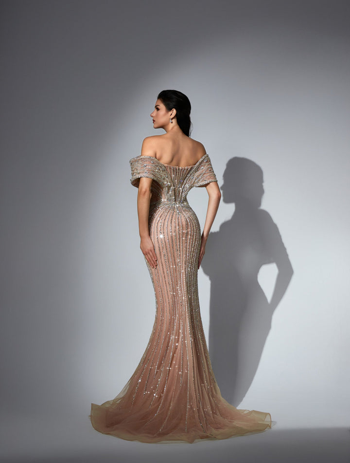 Delilah LD11591 Off-the-Shoulder Folded Band Sweetheart Beaded Corset Mermaid Gown - Champagne back view