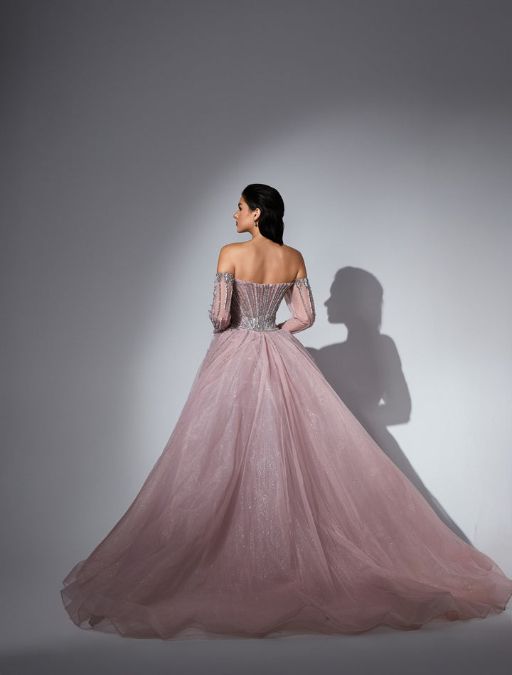 Delilah LD11539 Off-the-Shoulder Long Sleeve Beaded Corset Sheath Gown with Sparkle Overskirt - Pink back view