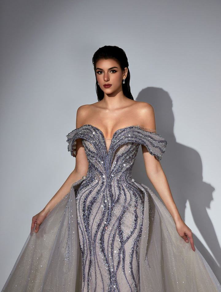 Delilah LD11538 Off-the-Shoulder Plunging Beaded Mermaid Gown with Sparkle Overskirt - Purple close-up view