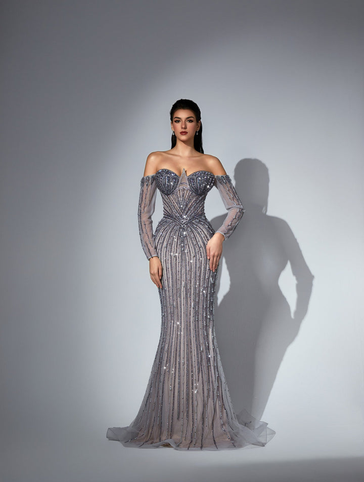 Delilah LD11539 Off-the-Shoulder Long Sleeve Beaded Corset Sheath Gown with Sparkle Overskirt - Purple front view