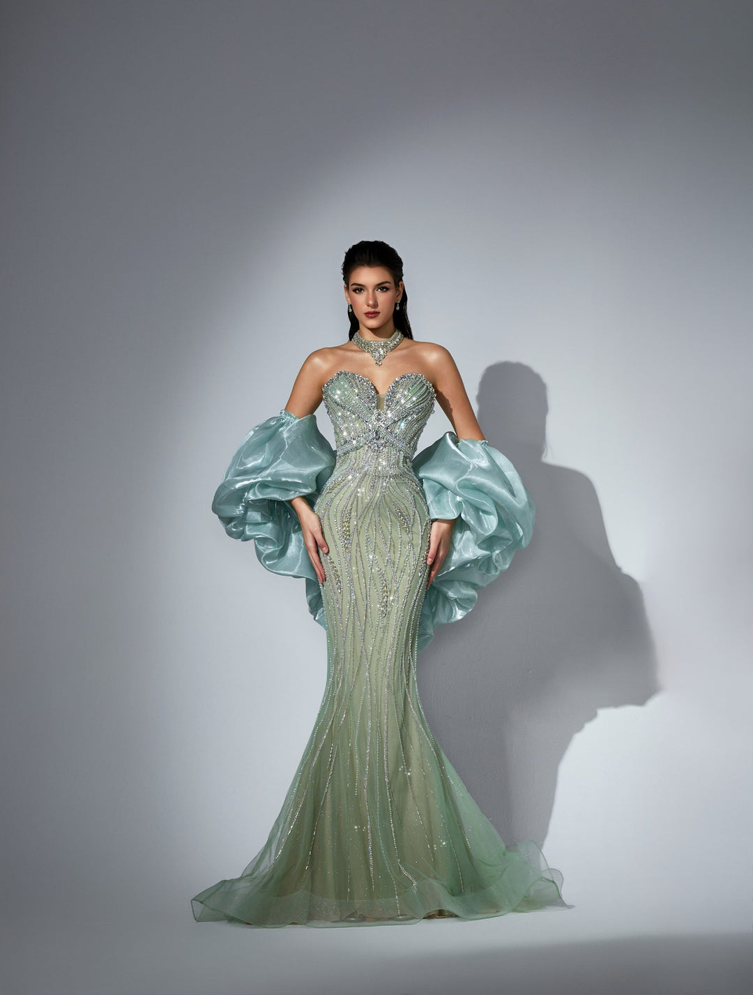 Delilah LD12056 Strapless Sweetheart Beaded Sheath Gown with Oversized Ruffled Arm Puffs - Mint front view