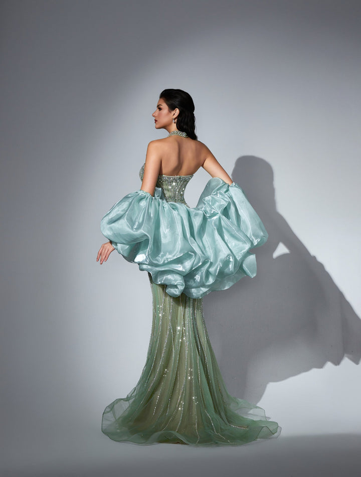Delilah LD12056 Strapless Sweetheart Beaded Sheath Gown with Oversized Ruffled Arm Puffs - Mint back view