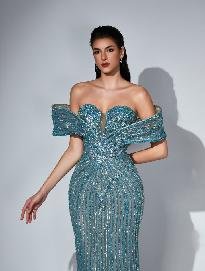 Delilah LD11591 Off-the-Shoulder Folded Band Sweetheart Beaded Corset Mermaid Gown - Green close-up view
