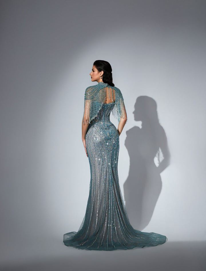Delilah LD11596 Beaded Corset Sheath Gown with High Choker Collar and Crystal Fringe Shoulders - Green back view