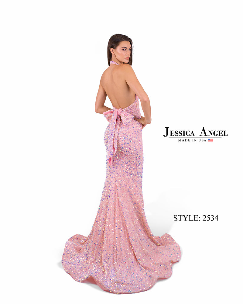 Jessica Angel 2534 halter velvet sequin gown with bow back view