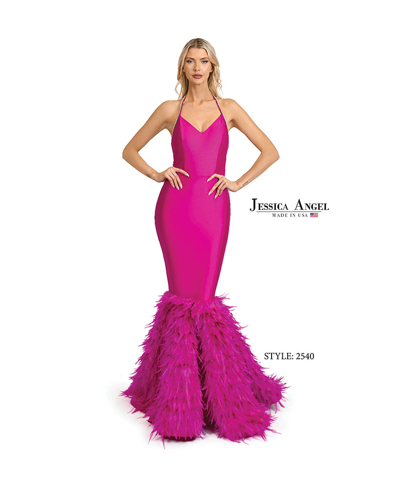 Jessica Angel 2540 halter feather skirt mermaid gown front view