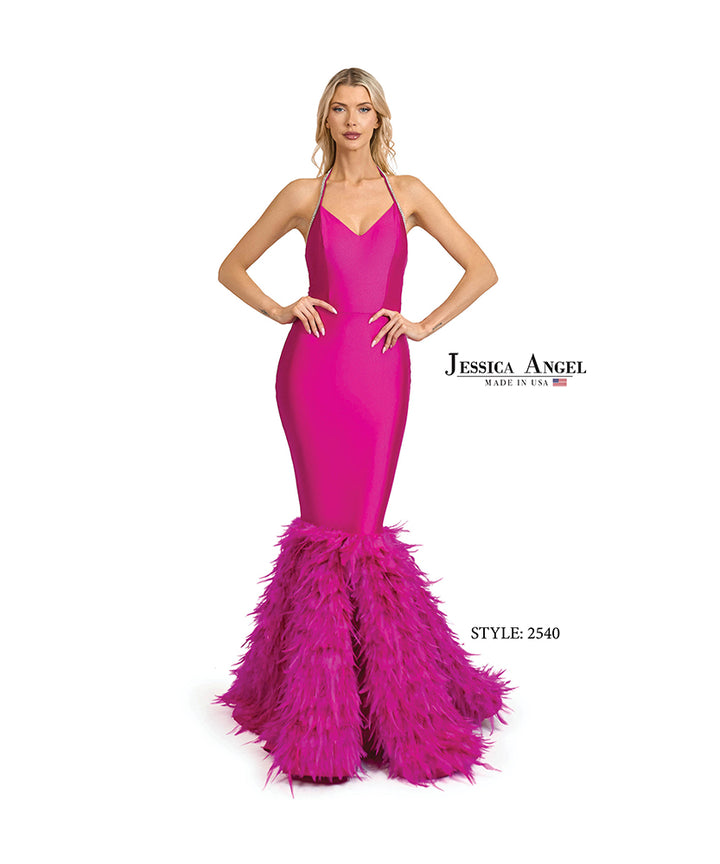 Jessica Angel 2540 halter feather skirt mermaid gown front view