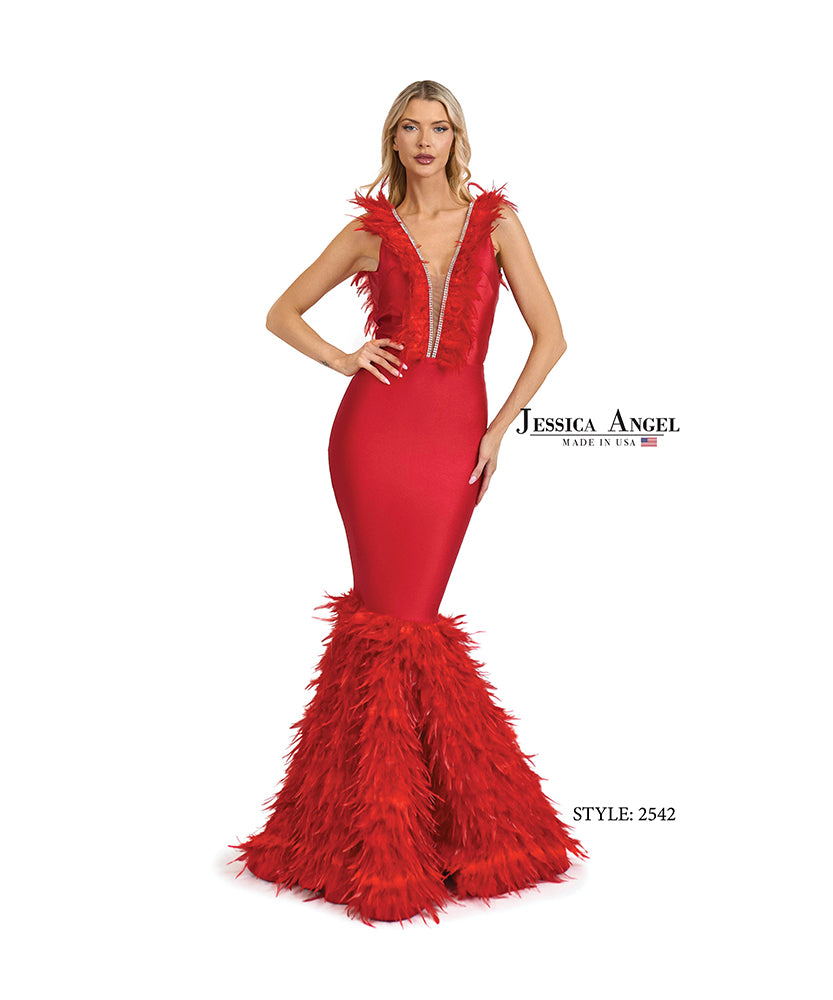 Jessica Angel 2542 feather skirt mermaid gown front view