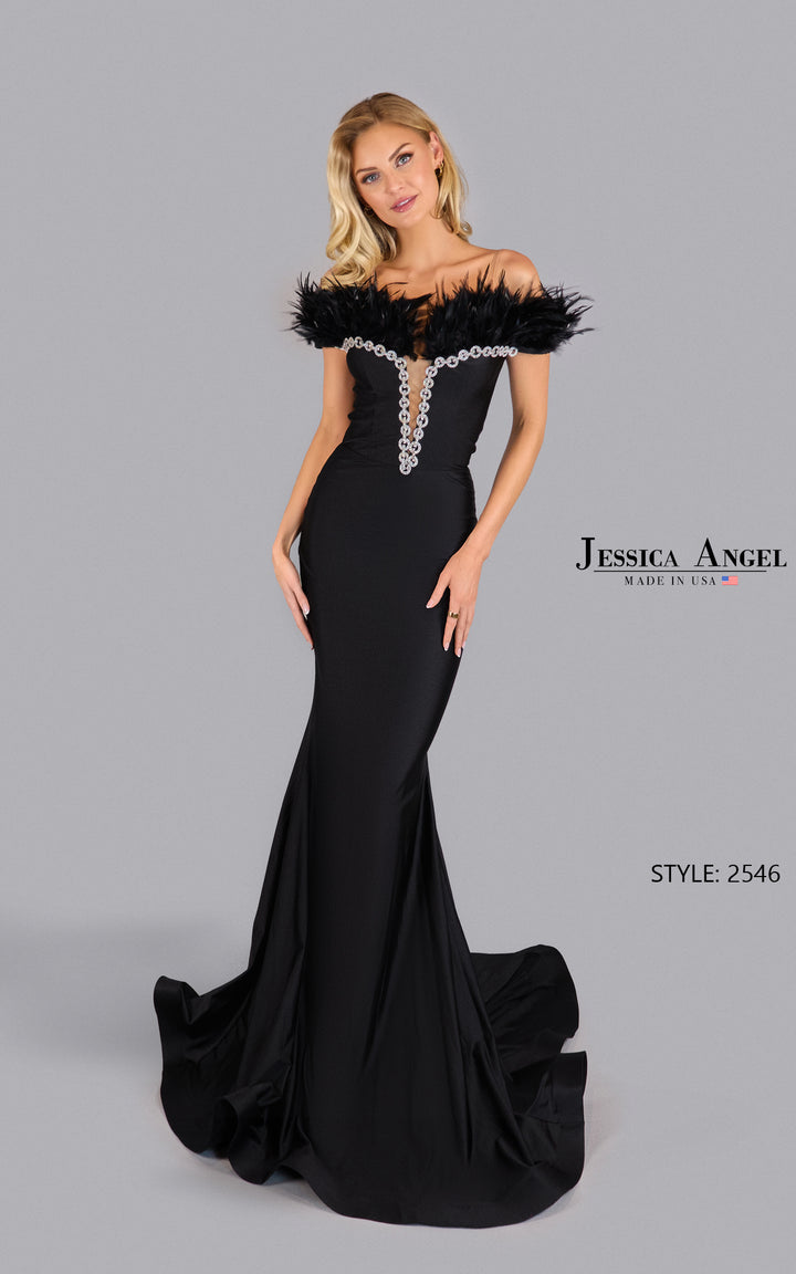 Jessica Angel 2546 off shoulder feather mermaid gown front view