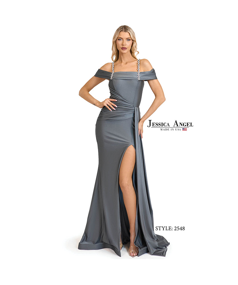 Jessica Angel 2548 off shoulder drape gown front view