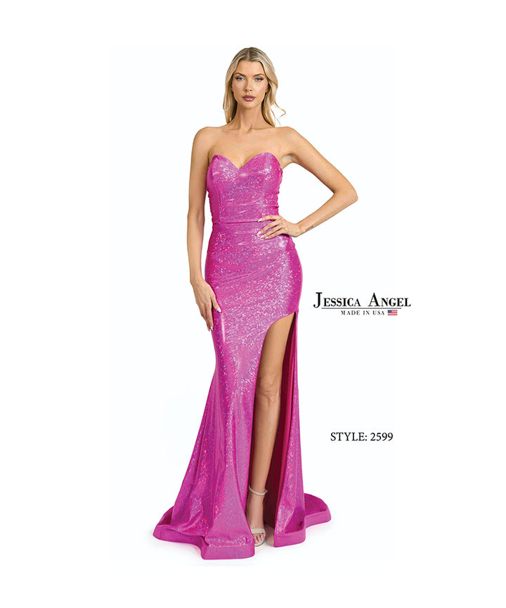 Jessica Angel 2599 strapless gown with slit front view