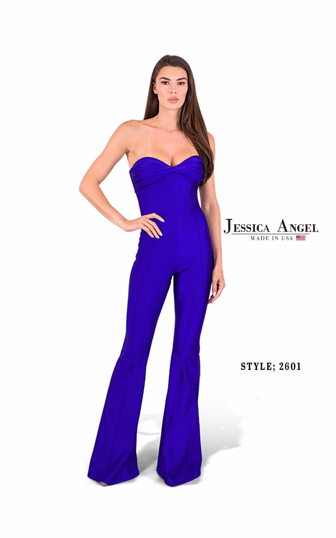 Jessica Angel 2601 strapless flared leg jumpsuit front view
