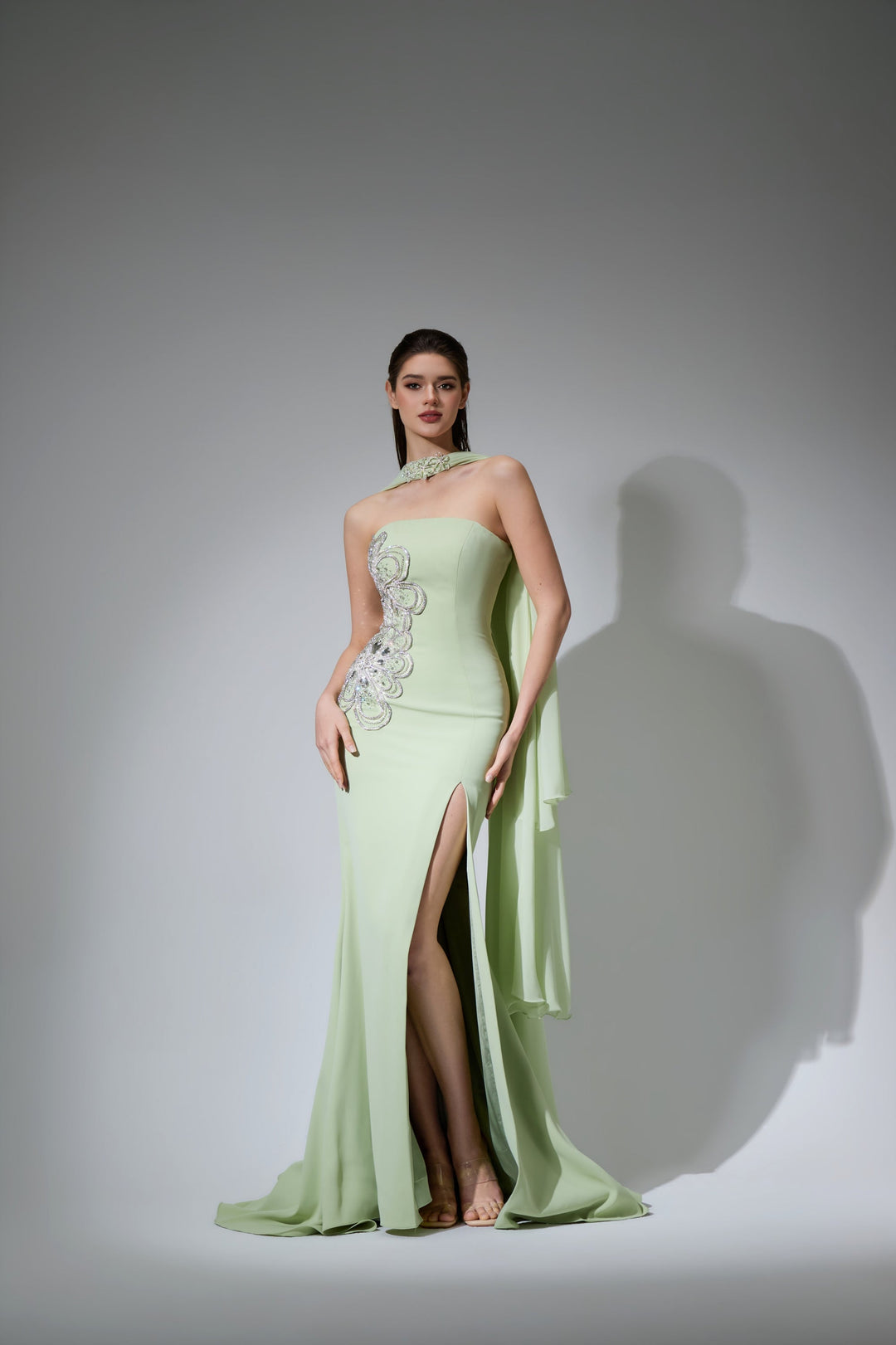 Delilah LD41029 Strapless Column Gown with Beaded Choker Streamers and High Slit - Mint front view