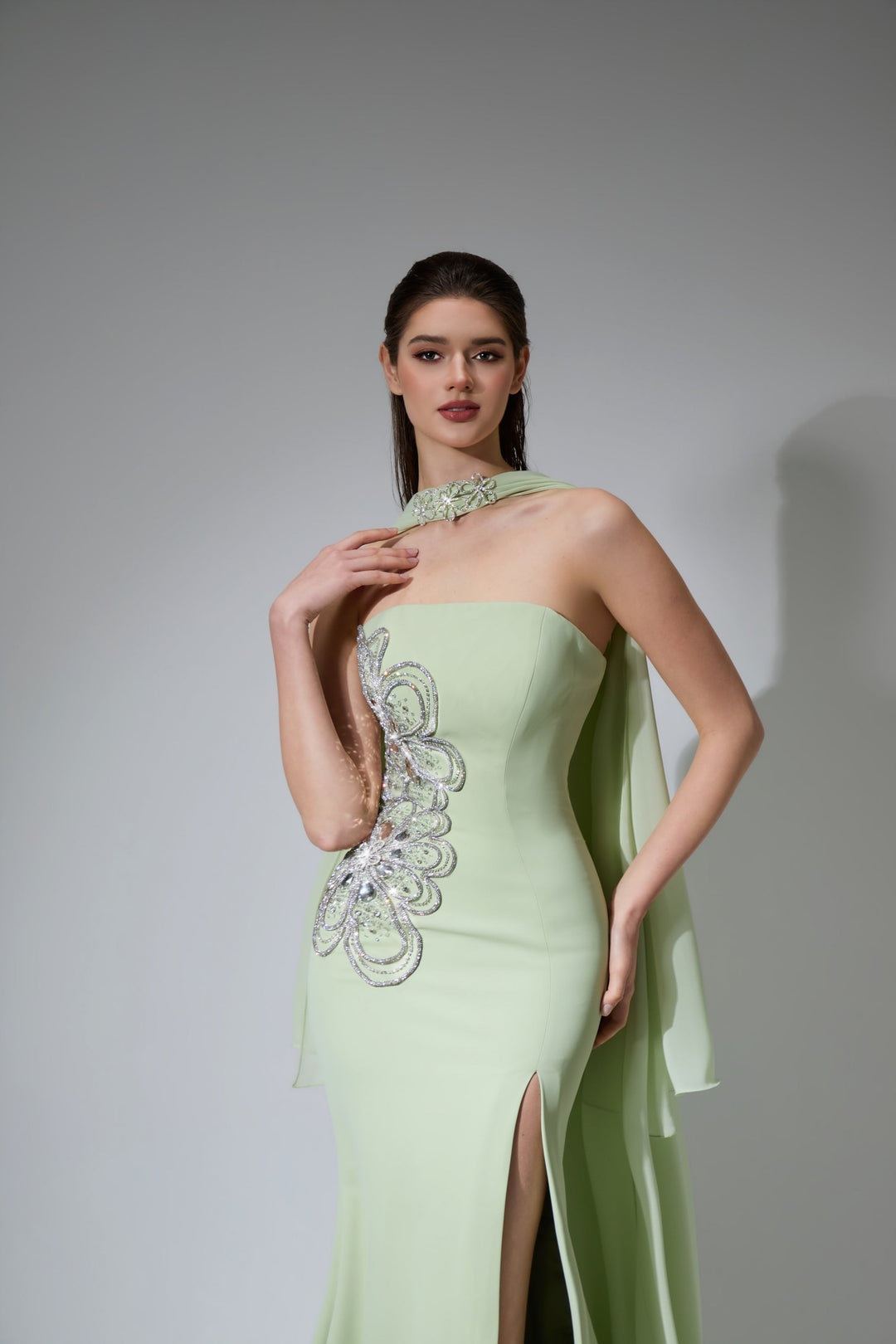 Delilah LD41029 Strapless Column Gown with Beaded Choker Streamers and High Slit - Mint close-up view