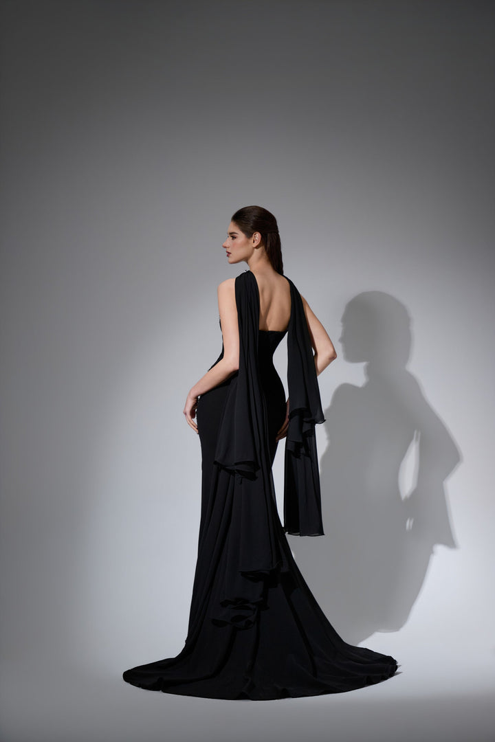 Delilah LD41031 Strapless Sweetheart Column Gown with Crystal Swoosh, Choker Drape and Slit - Black back view