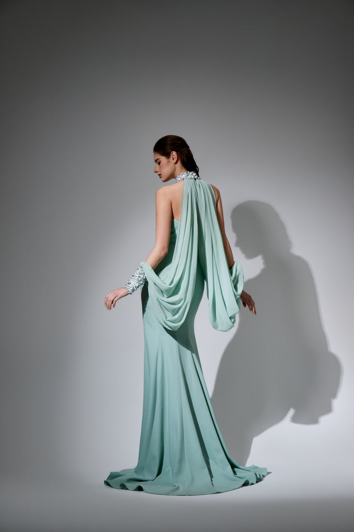 Delilah LD41040 Strapless Sweetheart Mermaid Gown with Crystal Choker, Draped Sleeves and Slit - Mint back view
