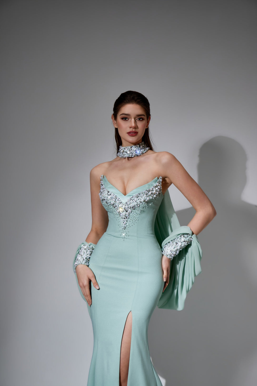 Delilah LD41040 Strapless Sweetheart Mermaid Gown with Crystal Choker, Draped Sleeves and Slit - Mint close-up view