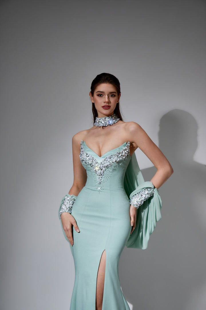 Delilah LD41040 Strapless Sweetheart Mermaid Gown with Crystal Choker, Draped Sleeves and Slit - Mint close-up view