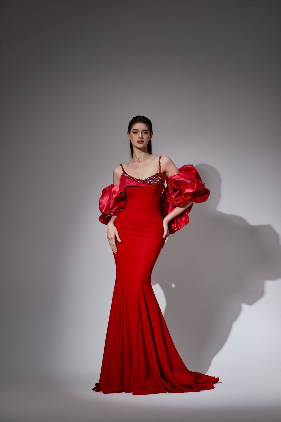 Delilah LD41042 Spaghetti Strap Mermaid Gown with Oversized Ruffled Arm Puffs - Red front view
