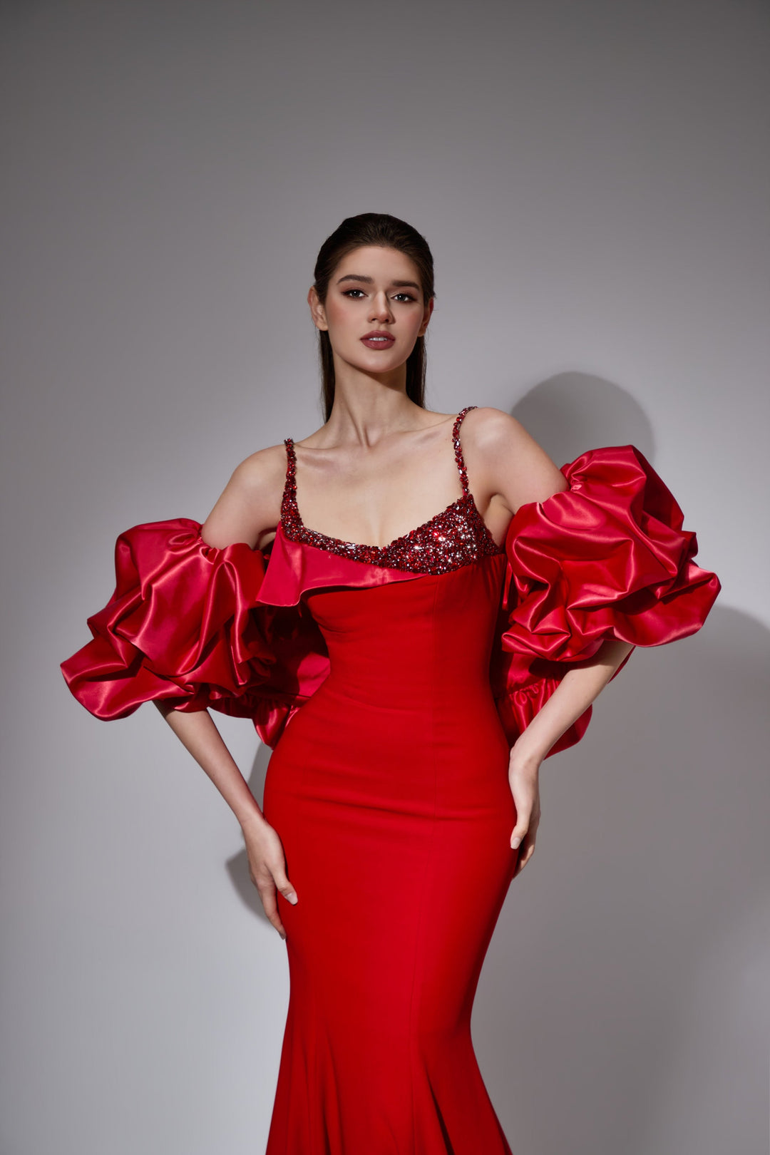 Delilah LD41042 Spaghetti Strap Mermaid Gown with Oversized Ruffled Arm Puffs - Red close-up view