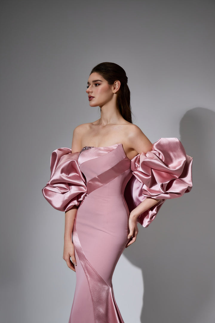 Delilah LD41033 Strapless Asymmetric Draped Mermaid Gown with Beaded Neckline - Pink close-up view