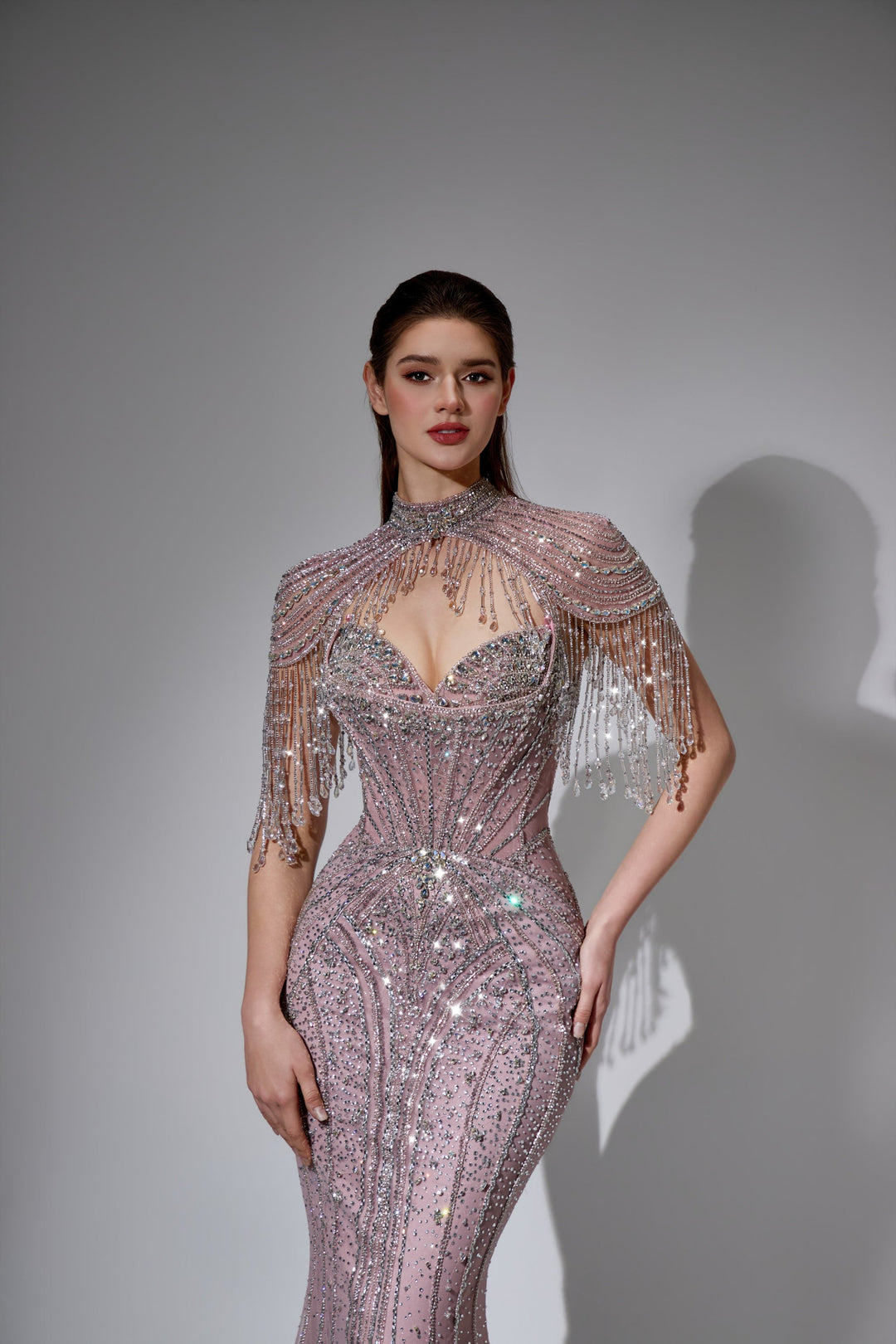 Delilah LD11596 Beaded Corset Sheath Gown with High Choker Collar and Crystal Fringe Shoulders - Pink close-up view