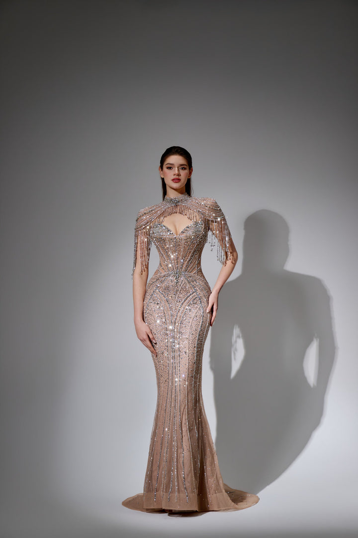 Delilah LD11596 Beaded Corset Sheath Gown with High Choker Collar and Crystal Fringe Shoulders - Champagne front view
