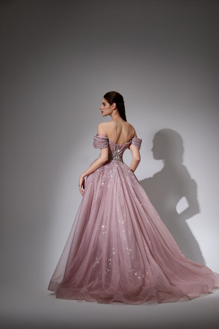 Delilah LD11538 Off-the-Shoulder Plunging Beaded Mermaid Gown with Sparkle Overskirt - Pink back view