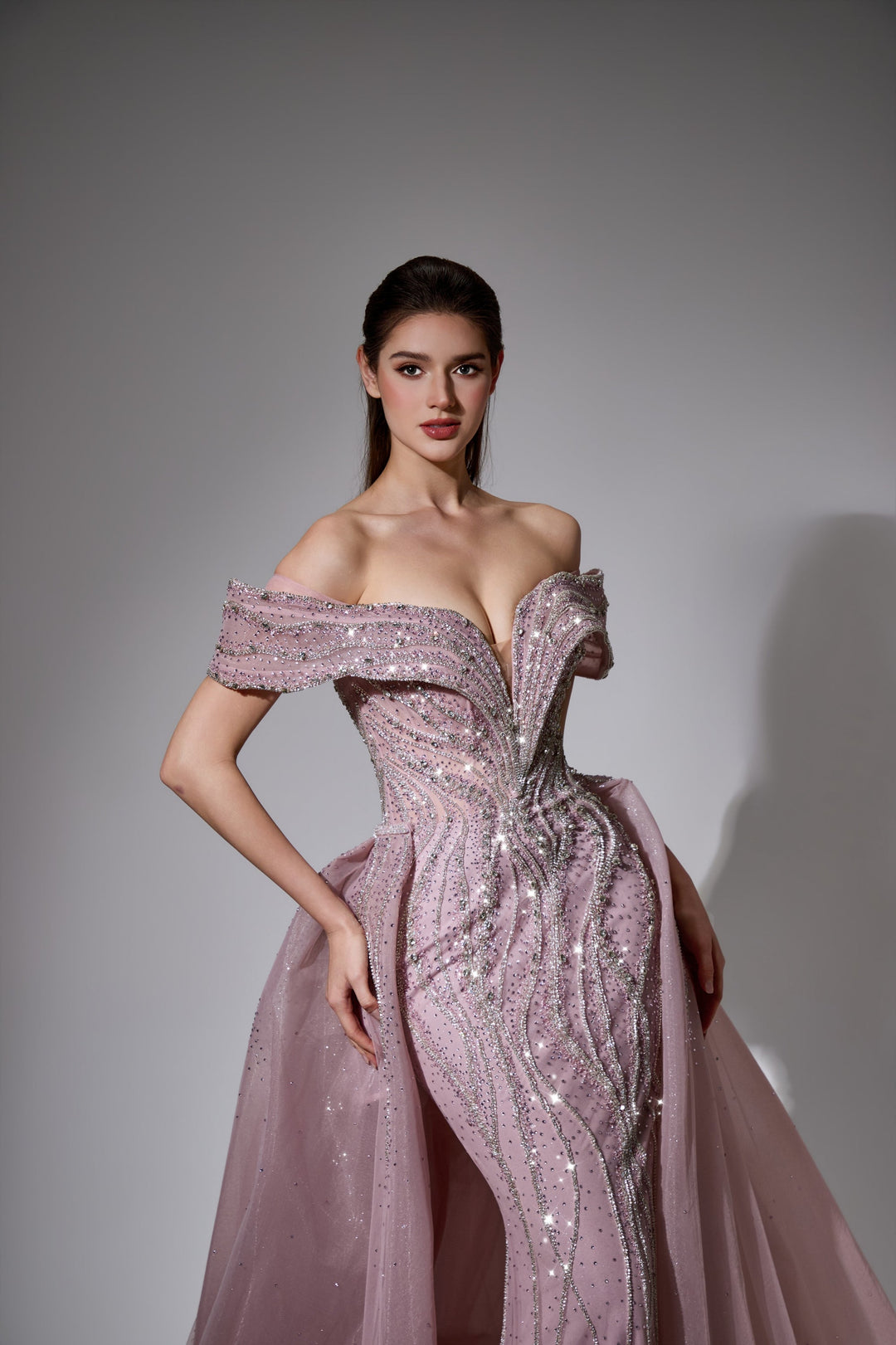 Delilah LD11538 Off-the-Shoulder Plunging Beaded Mermaid Gown with Sparkle Overskirt - Pink close-up view
