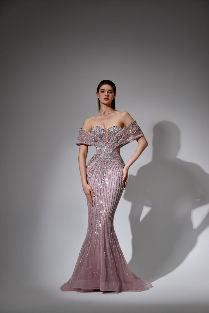 Delilah LD11591 Off-the-Shoulder Folded Band Sweetheart Beaded Corset Mermaid Gown - Pink front view