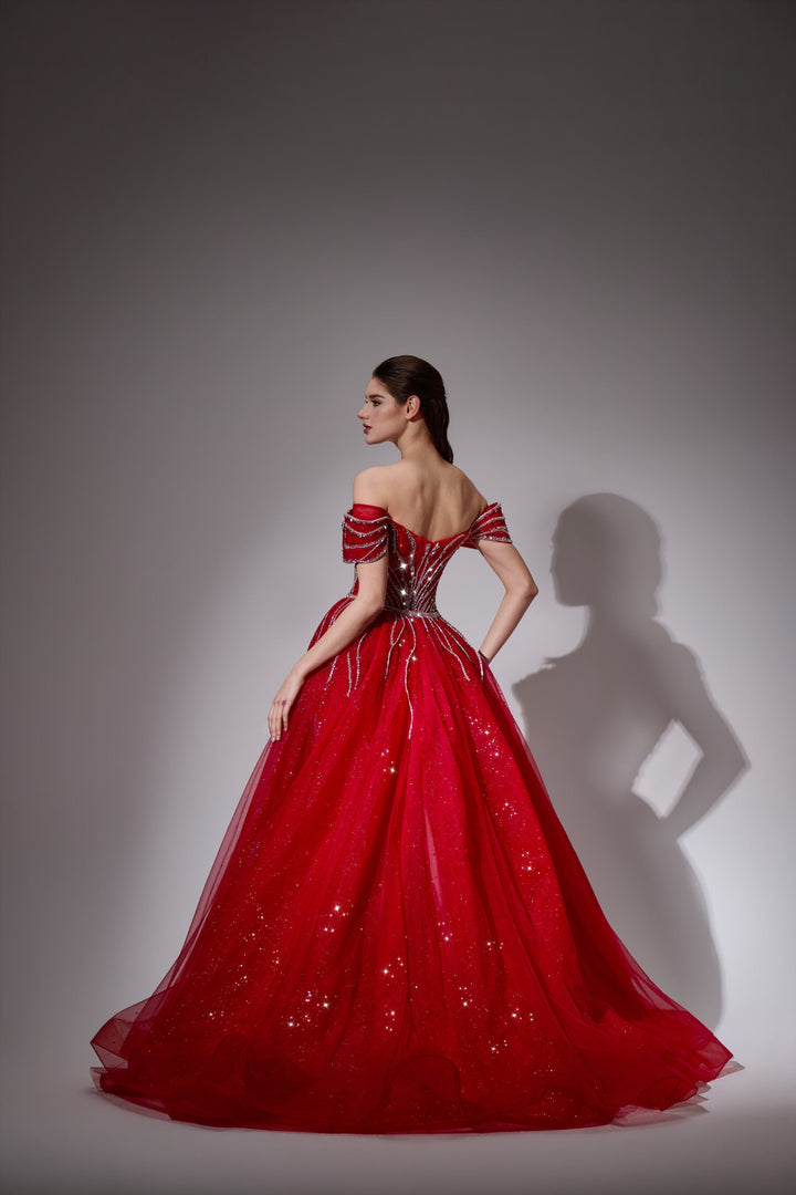 Delilah LD11538 Off-the-Shoulder Plunging Beaded Mermaid Gown with Sparkle Overskirt - Red back view